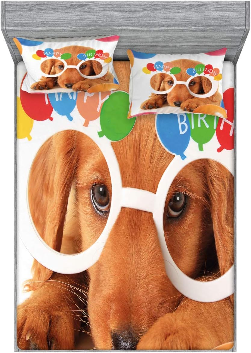 Ambesonne Birthday Party Fitted Sheet & Pillow Sham Set, Celebration Puppy Dog Golden Glasses Balloons Present Themed Artwork, Decorative Printed 3 Piece Bedding Decor Set, Queen, Multicolor