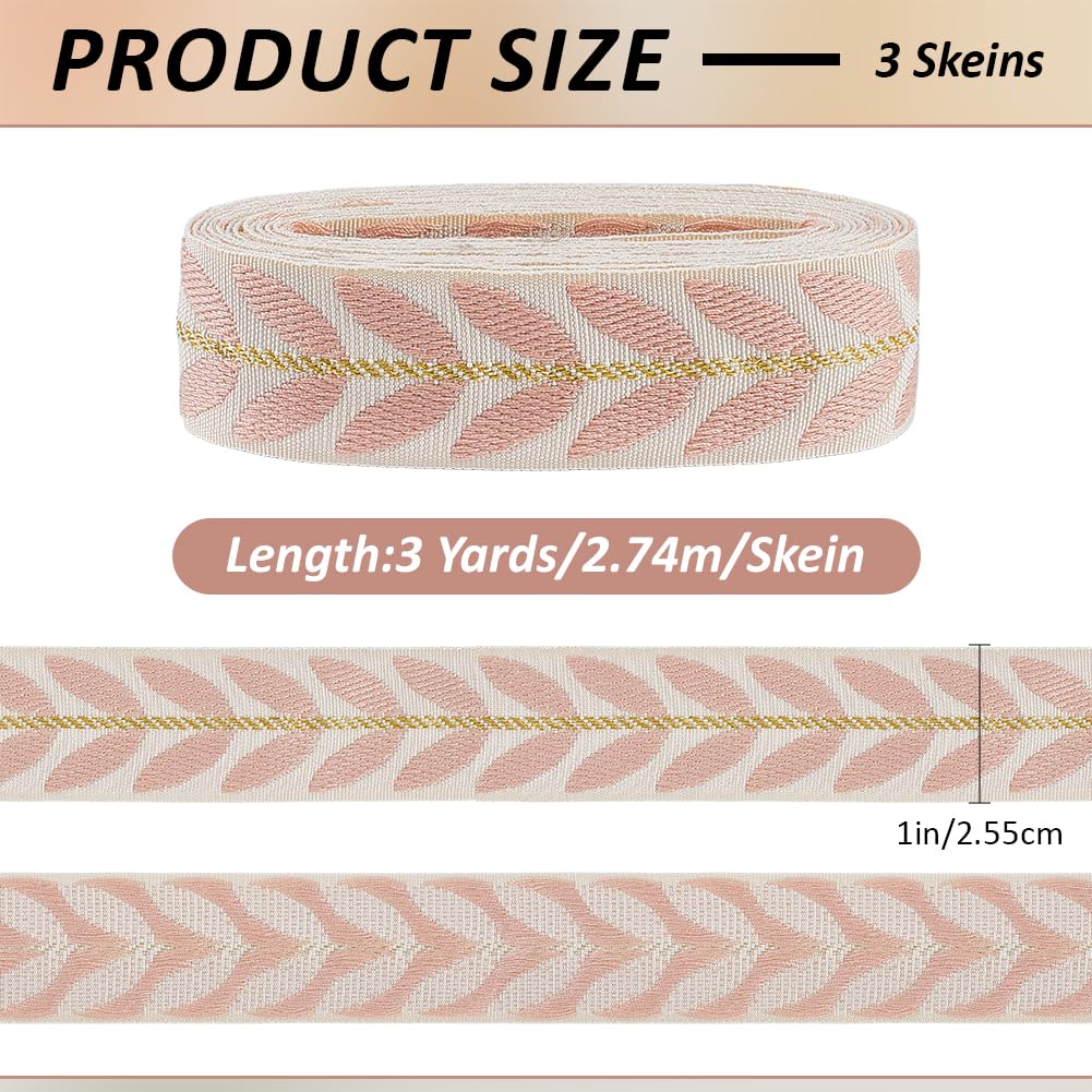 CABODYALS 8.23M 25mm Pink Jacquard Ribbon Vintage Leaf Pattern Embroidered Fabric Ethnic Style Woven Gold Trimmings Polyester Ribbons for Sewing Making Diy Craft Clothes Curtain Decor Gift Wrapping - Image 2