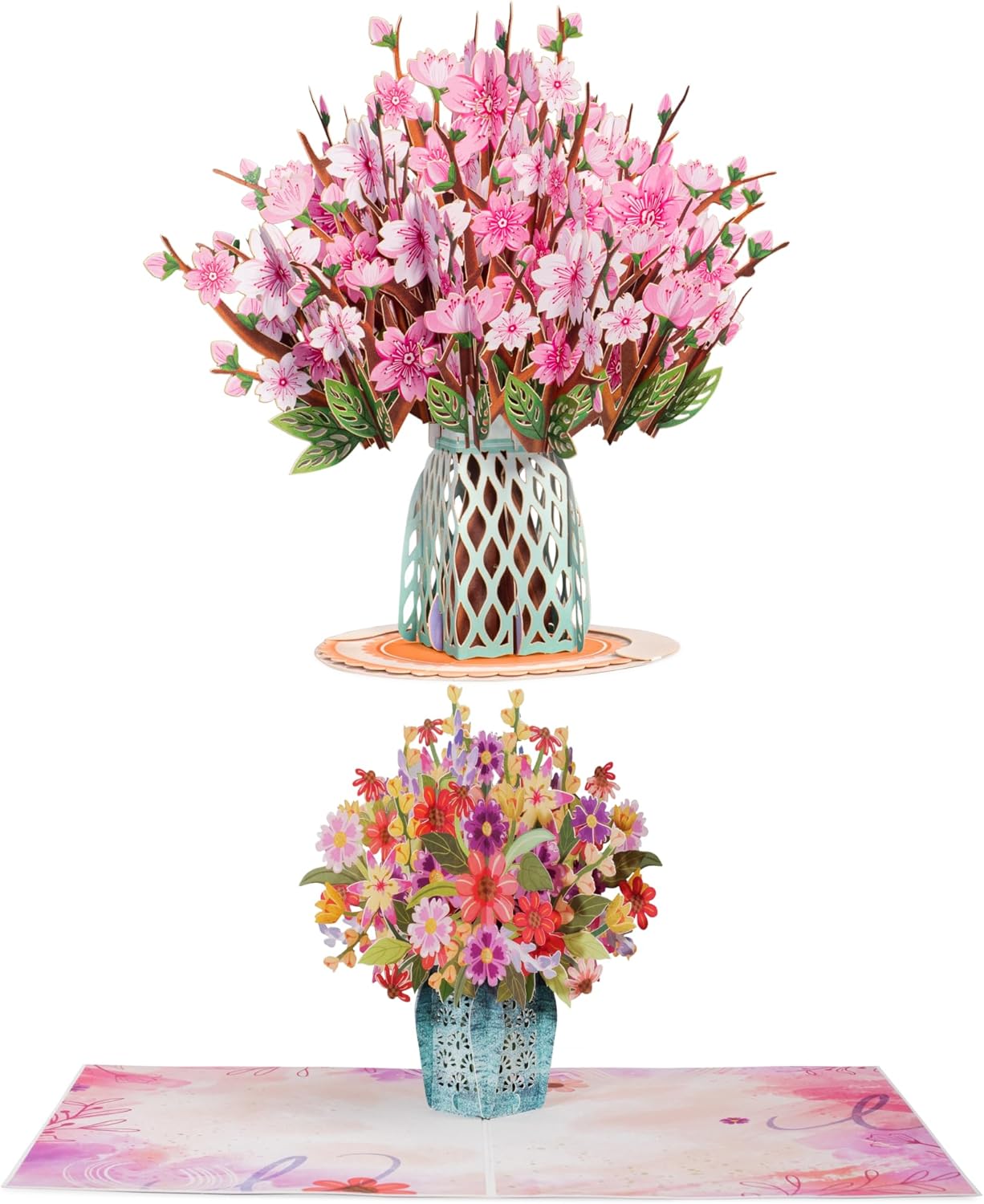 Paper Love 3D Pop Up Card, 2 Pack - Includes 1 Cherry Blossom Tree and 1 Charming Flower Bouquet, For Mom, Wife, Anyone, Includes Envelope and Removable Note Tag