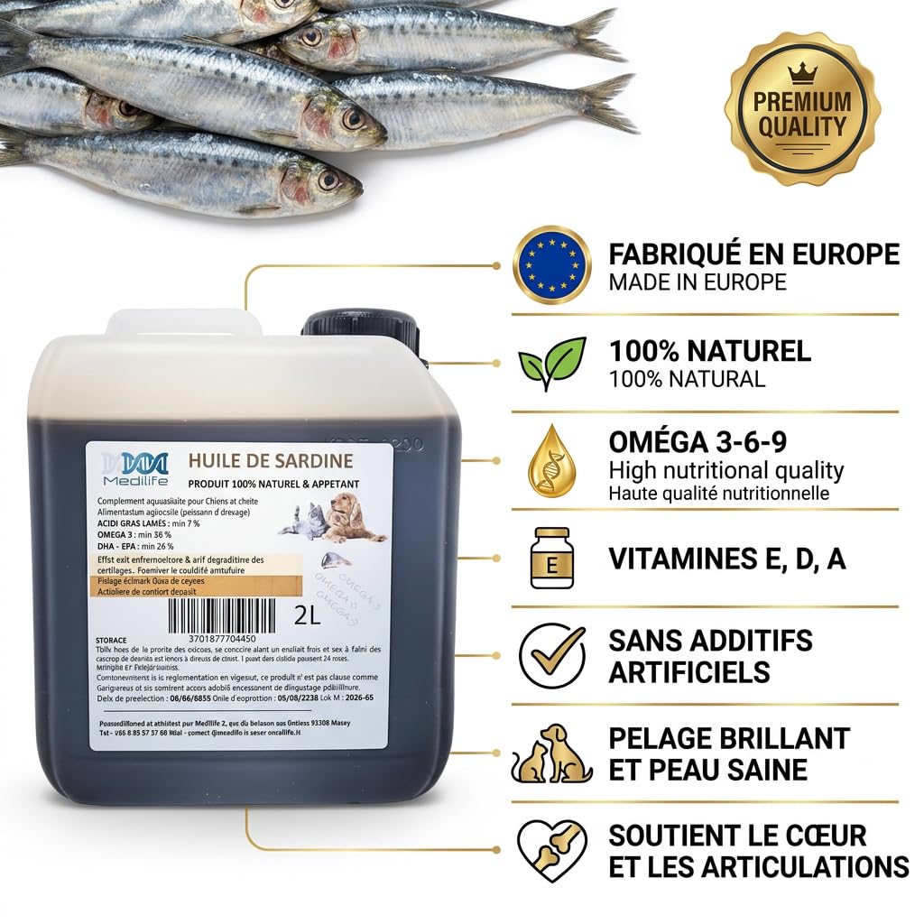 2L Huile de Sardine 100% Naturelle pour Chiens, Chats et Chevaux, Très Riche en Oméga 3-6-9 et Vitamines E | Fabriqué en UE