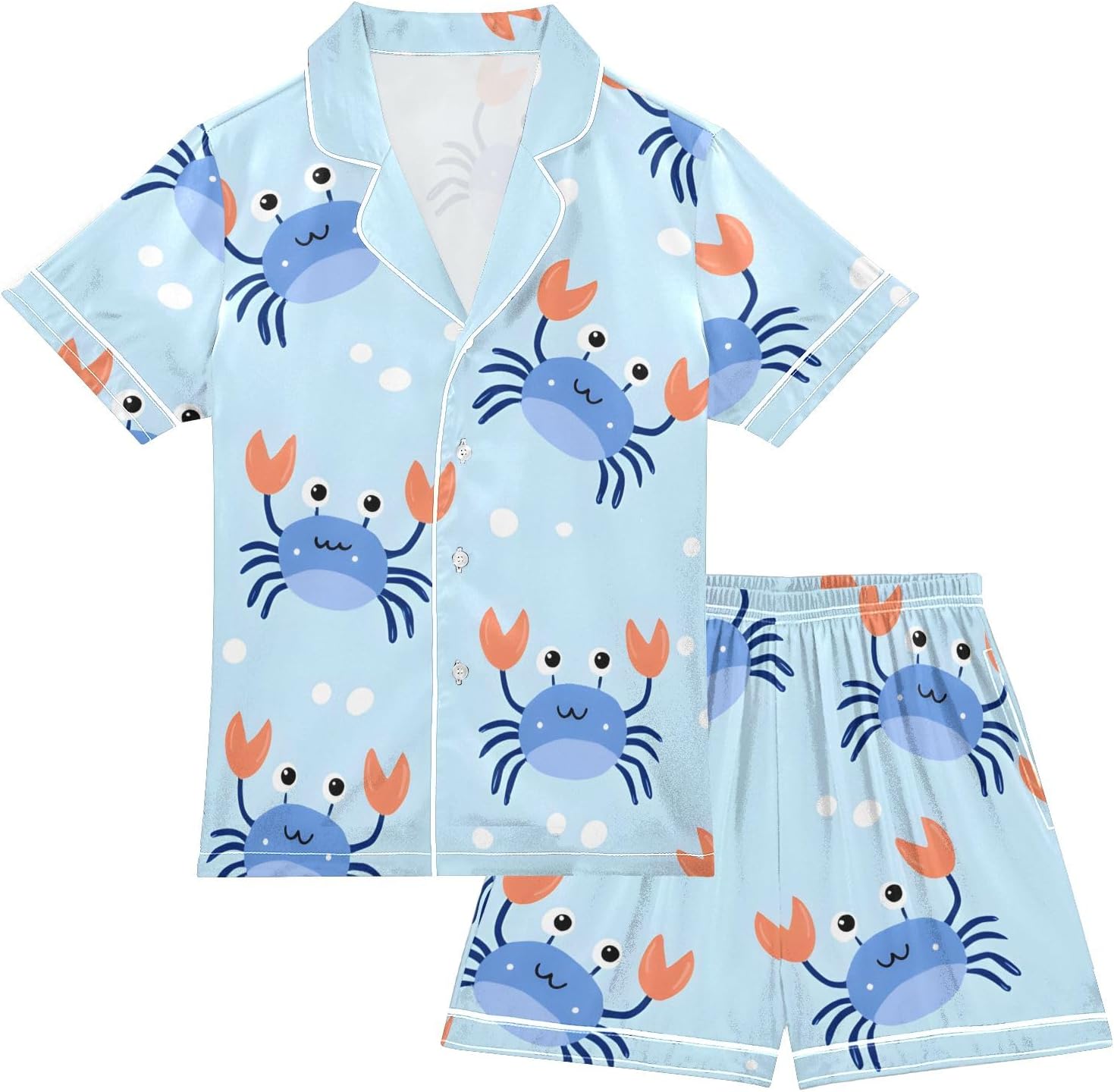 Kids Casual Satin Wear Set Crab Blue Pattern Unisex Short Sleeve Clothing for Relaxing