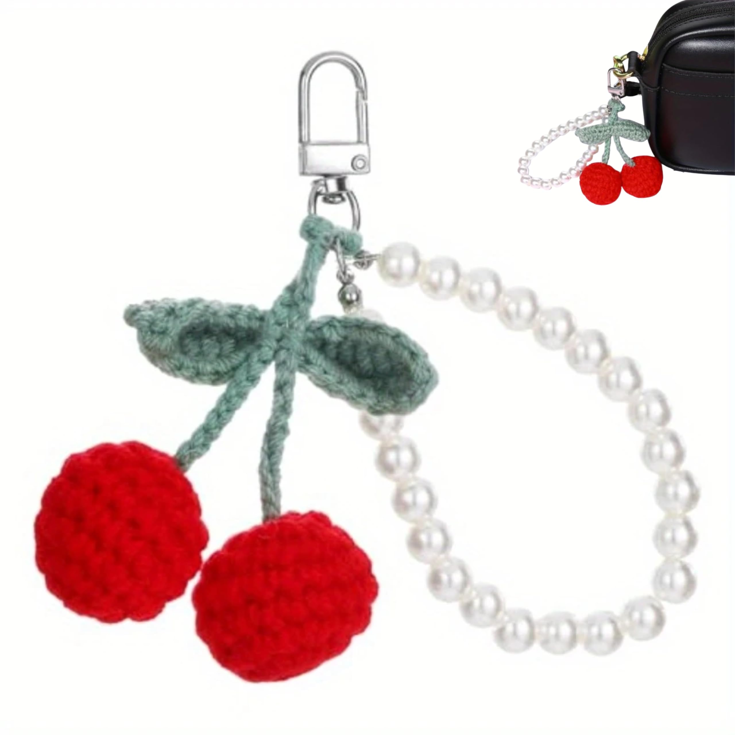 SNOWY SHOP Handmade Crochet Cherry Pearl Keychain – Trendy Cute