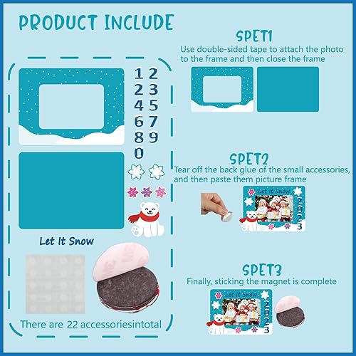 Miniatura 5 de 24 juegos de marcos de fotos de invierno fechados, kit de manualidades con imán de Navidad, marcos de fotos con calcomanías de copo de nieve,