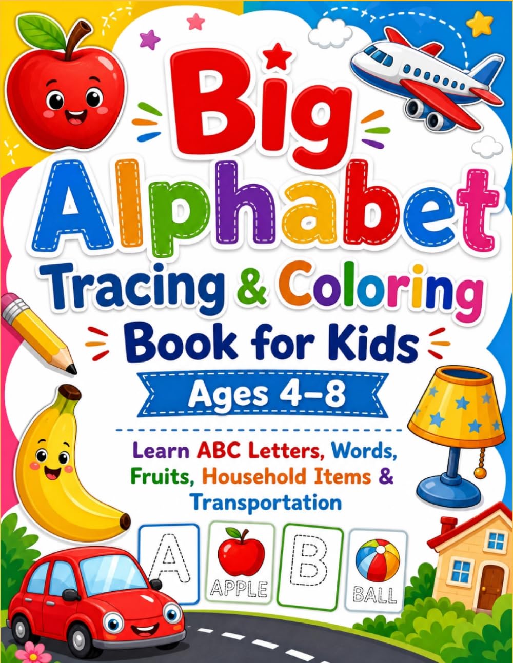 Big Alphabet Tracing & Coloring Book for Kids Ages 4–8: Learn ABC Letters, Words, Fruits, Household Items & Transportation