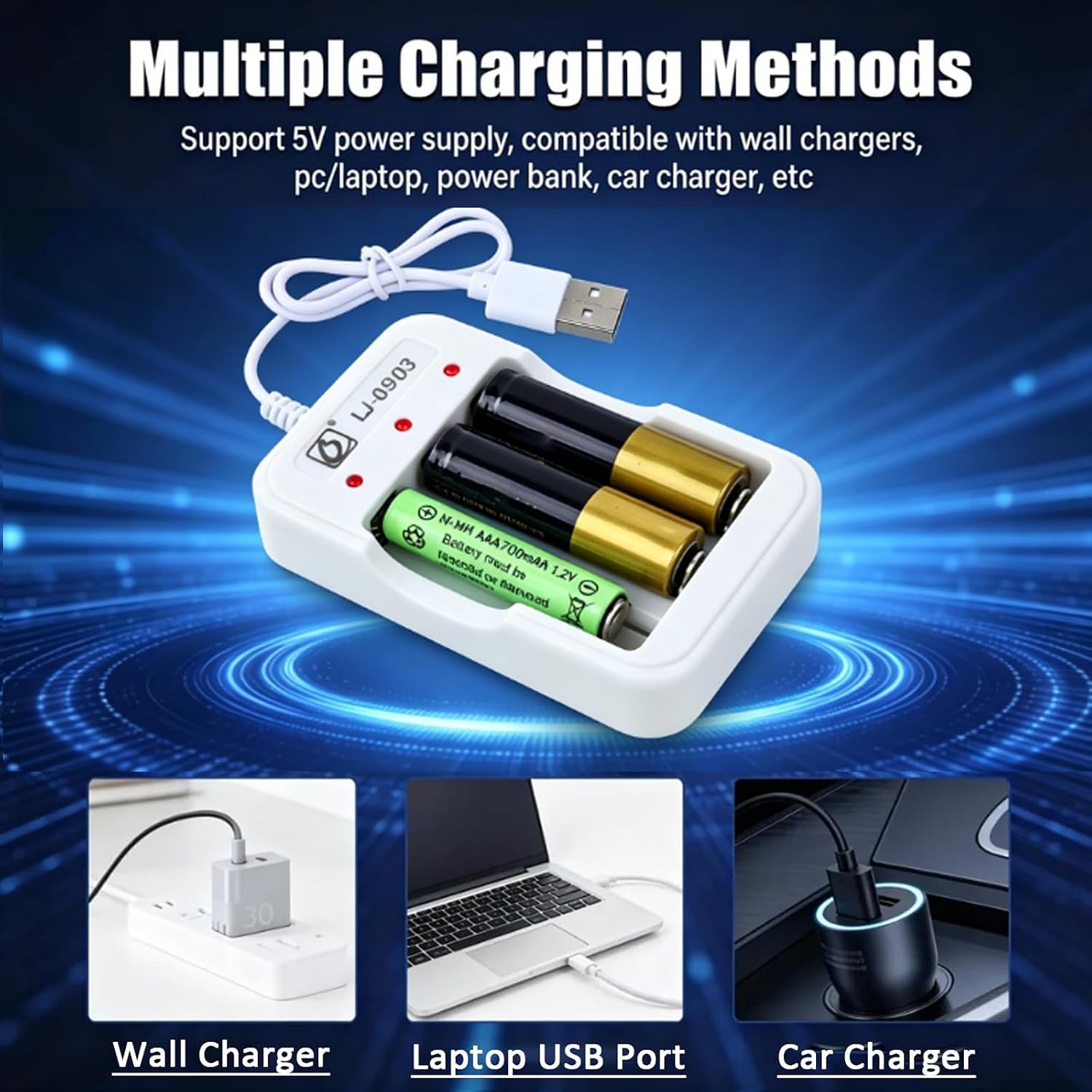 2 Pcs AA AAA Battery Charger, 3 Bays Smart USB Universal Charger for Rechargeable Batteries AA AAA Ni-Cd Ni-MH with LED Indicator Multiple Protections(batterire are not Included)