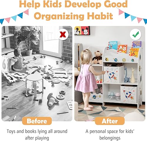 Miniatura 24 de Costzon Organizador de juguetes y libros para niños, armario de almacenamiento de madera con 5 estantes, 2 cajas y 3 ranuras, perfecto para sala de