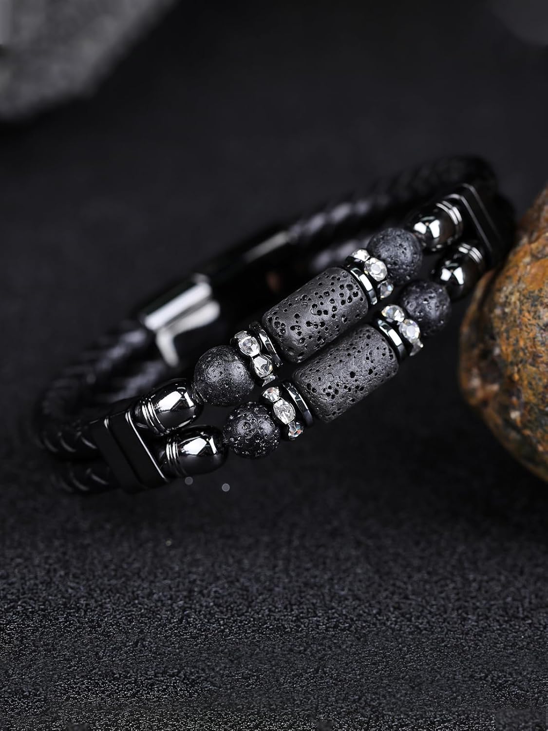 Mens Leather Turquoise/Tiger Eye/Obsidian/Lava Stone Bracelet–Braided Multi‑Layer Wristband Cuff Bangle Barcelet–Jewelry Box and Pouch Packing