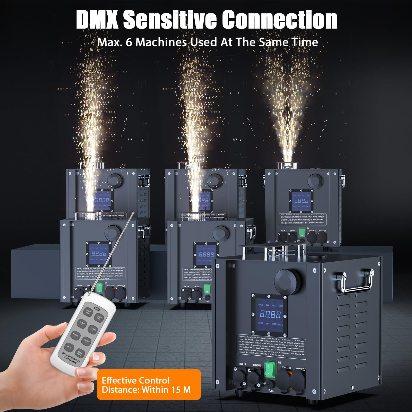 750W Wasserdichte Pyrotechnikmaschinen Elektronische Kaltfunken-Effektmaschine, LCD-Display d-mx512 & Funkfernbedienung für Bühne Hochzeit Party DJ Halloween Weihnachten (2 Stück mit Flightcase)