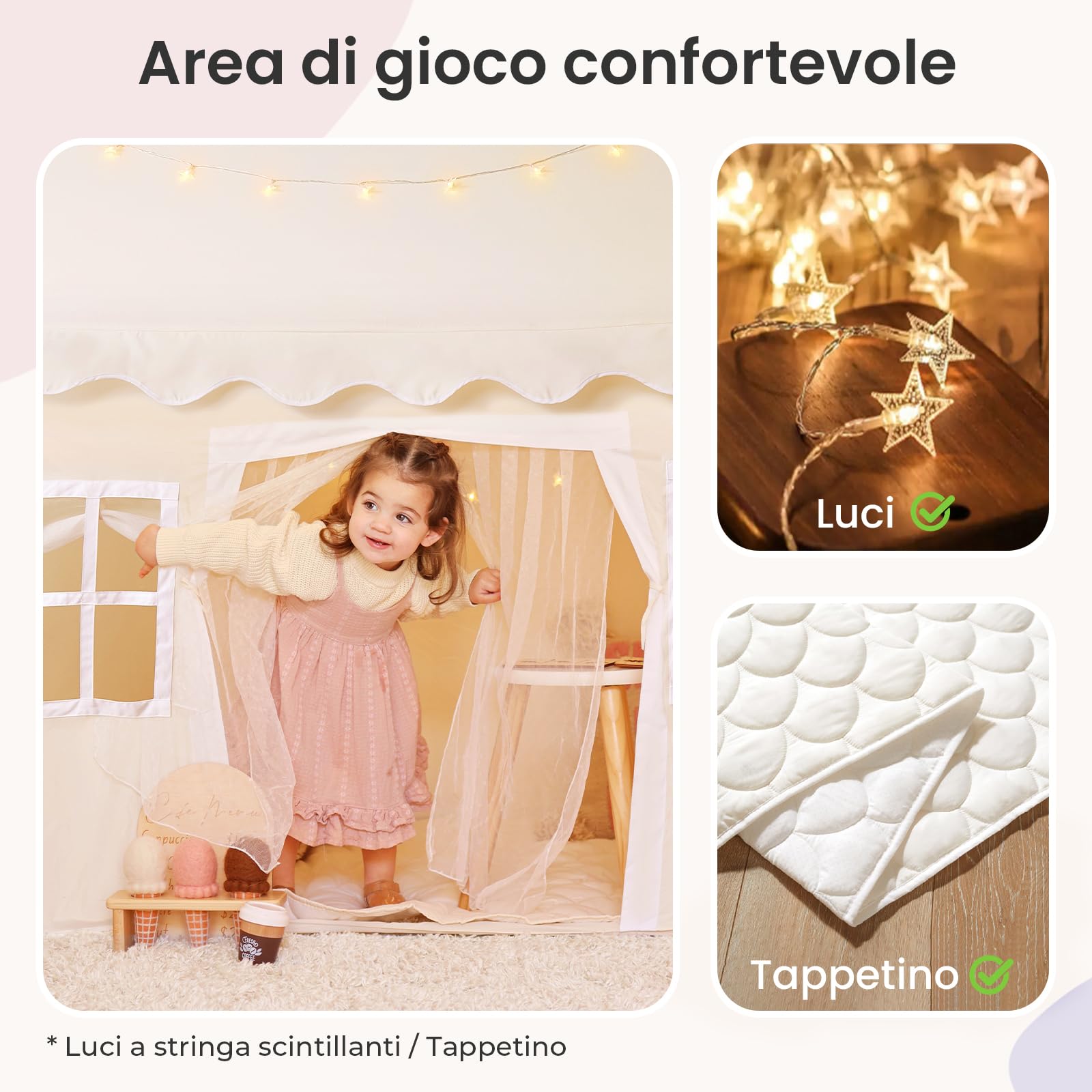 Tiny Land Tenda da Gioco per Bambini con Tappetino e Luci, Tenda per Bambini | Casetta dei Giochi per Bambini, Tenda Stanza dei Giochi ni 3-13