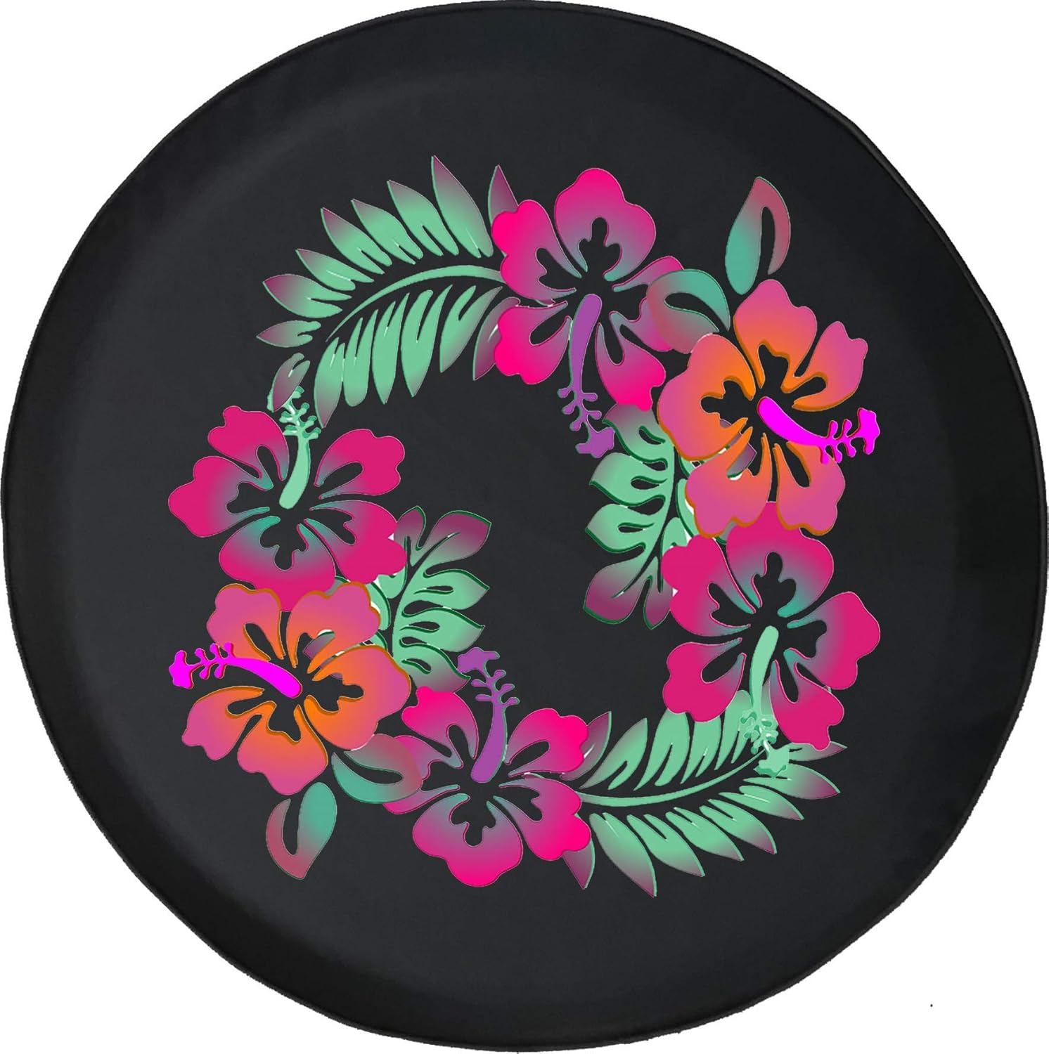 Tire Wheel Cover Hawaiian Tropical Flowers Universal Fit for Size 35 Inch Black