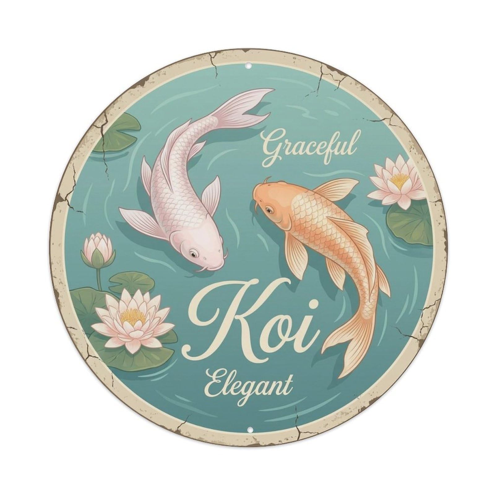 Koi Carp Graceful Folk Pattern Prosperity Metal Tin Sign Plaque Wall Decor for Cafe, Man Cave, Club Bar, Office, Home Garden Round Metal Poster 8x8Inch
