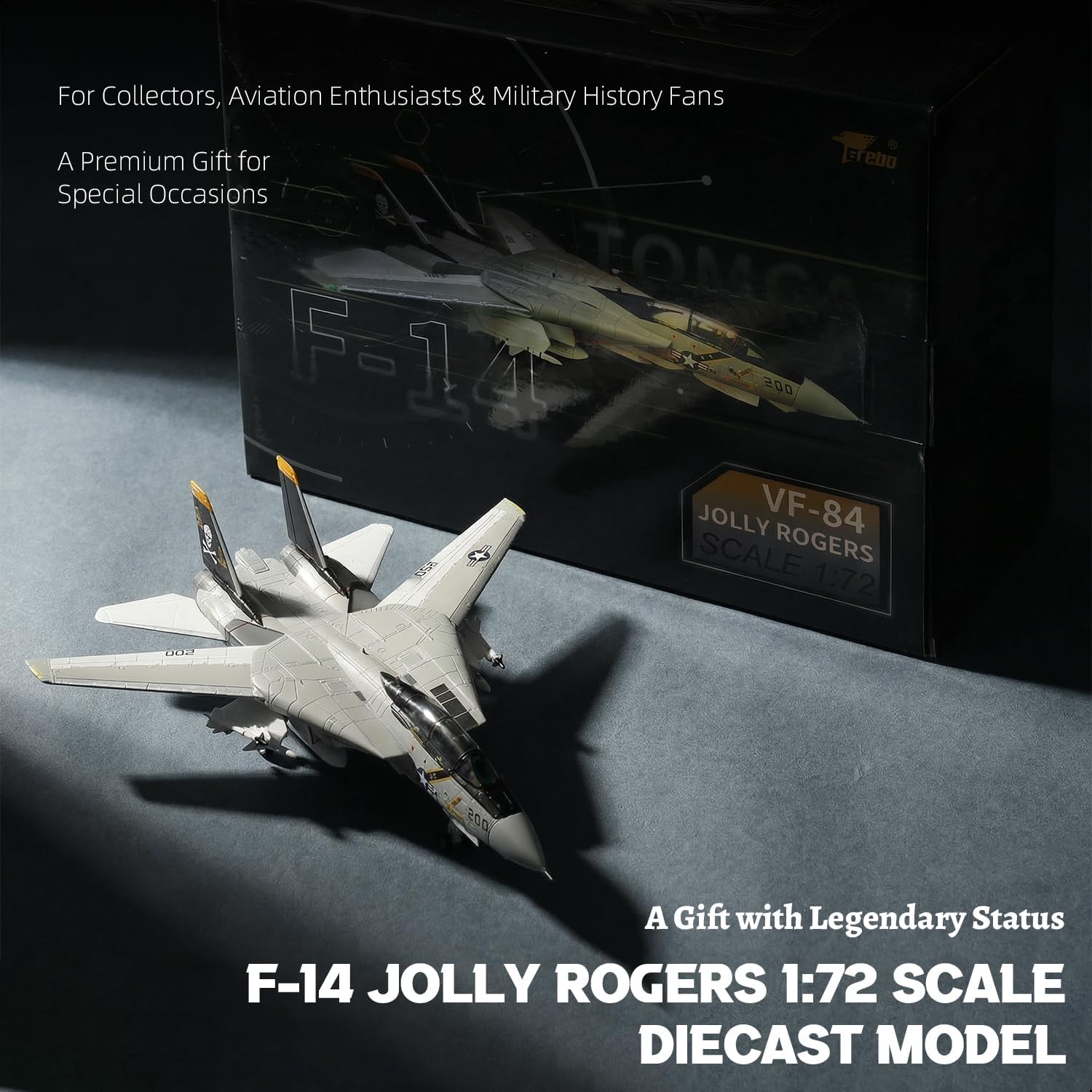 NUOTIE F-14 Tomcat VF-84 Jolly Rogers 1/72 Scale Die-Cast Metal Pre-Built Fighter Jet Model with Detachable Missiles and Adjustable Tail Fins Military Enthusiasts Gift