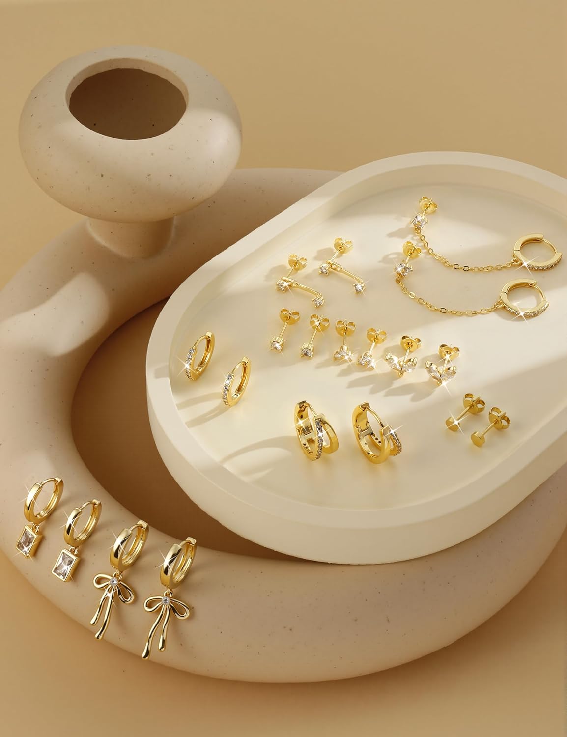 ORAZIO Small Hoop Stud Earrings Stacks for Women 14K Gold Plated Silver Huggie Hoops Cartilage Hypoallergenic Chain Cute Dangle Earrings Set for Multiple Piercings Jewelry - Image 9