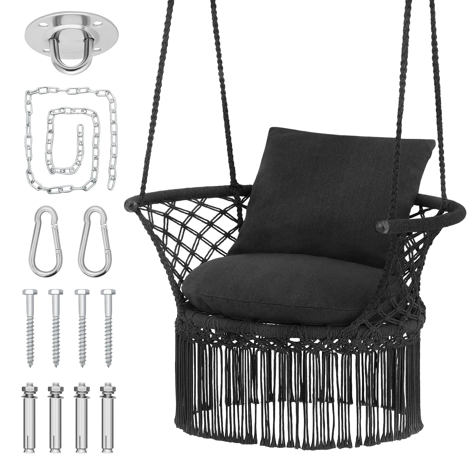 Photo 1 of Macrame Hanging Swing Chair with Cushions, Max 350 lbs,Black