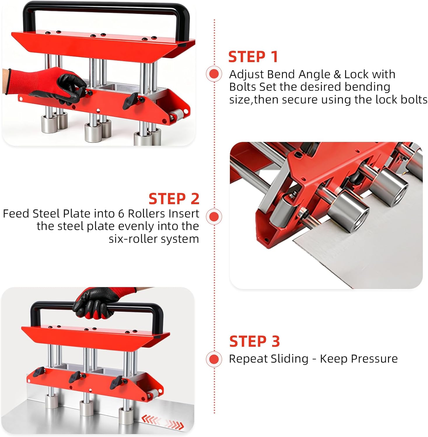 3-Station Edge Roller Bender, 0-90° Adjustable Sheet Metal Bender Tool, Fits 29-22 Gauge Steel, Makes 5/8" to 4" (16-102mm) Bends, Sheet Metal Roller for Metal Roofing Panels, DIY, Home Projects