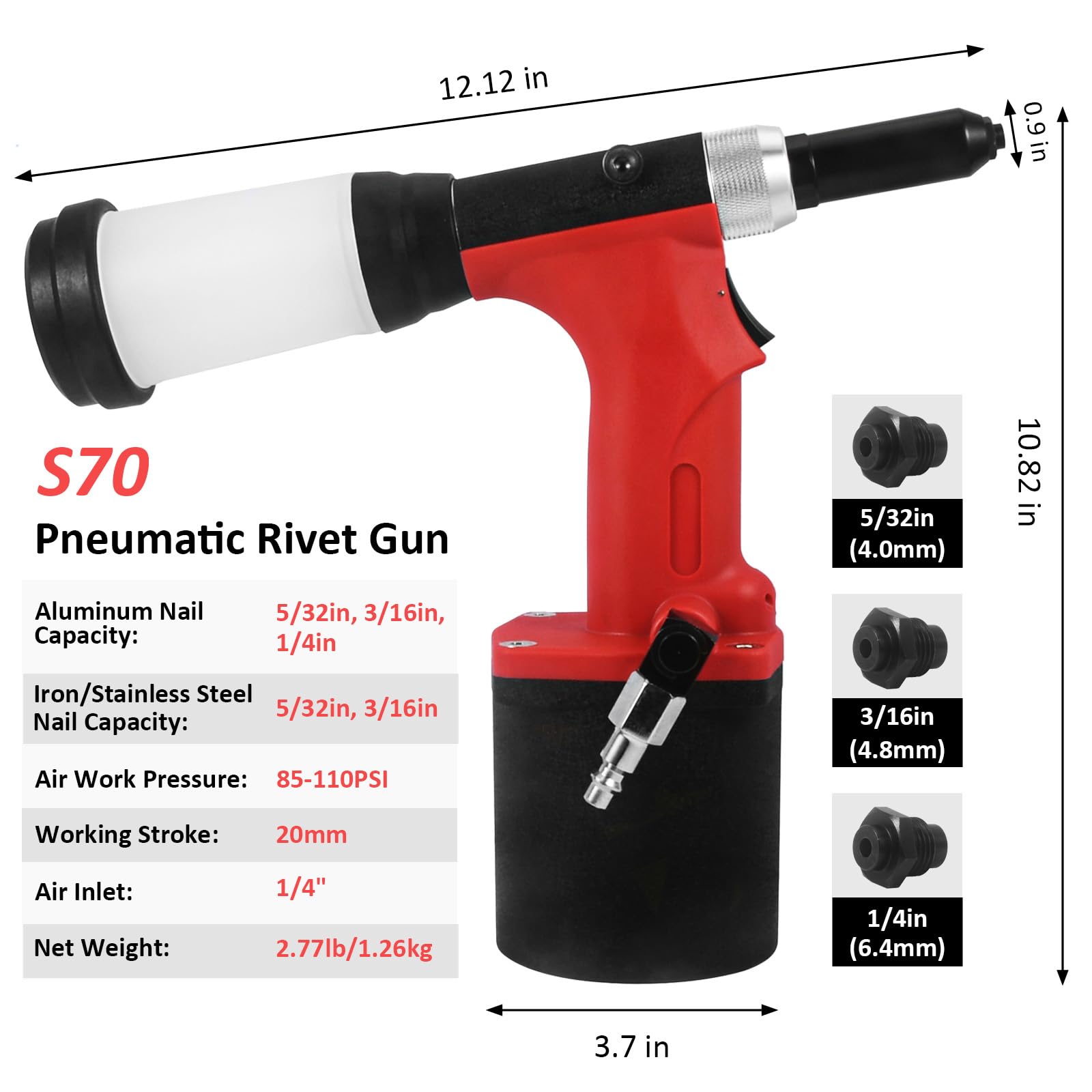 Pistola remachadora neumática S70 de alta resistencia hidráulica de aire, herramienta de remachado profesional, herramienta de alimentación neumática con tubo de remache de residuos