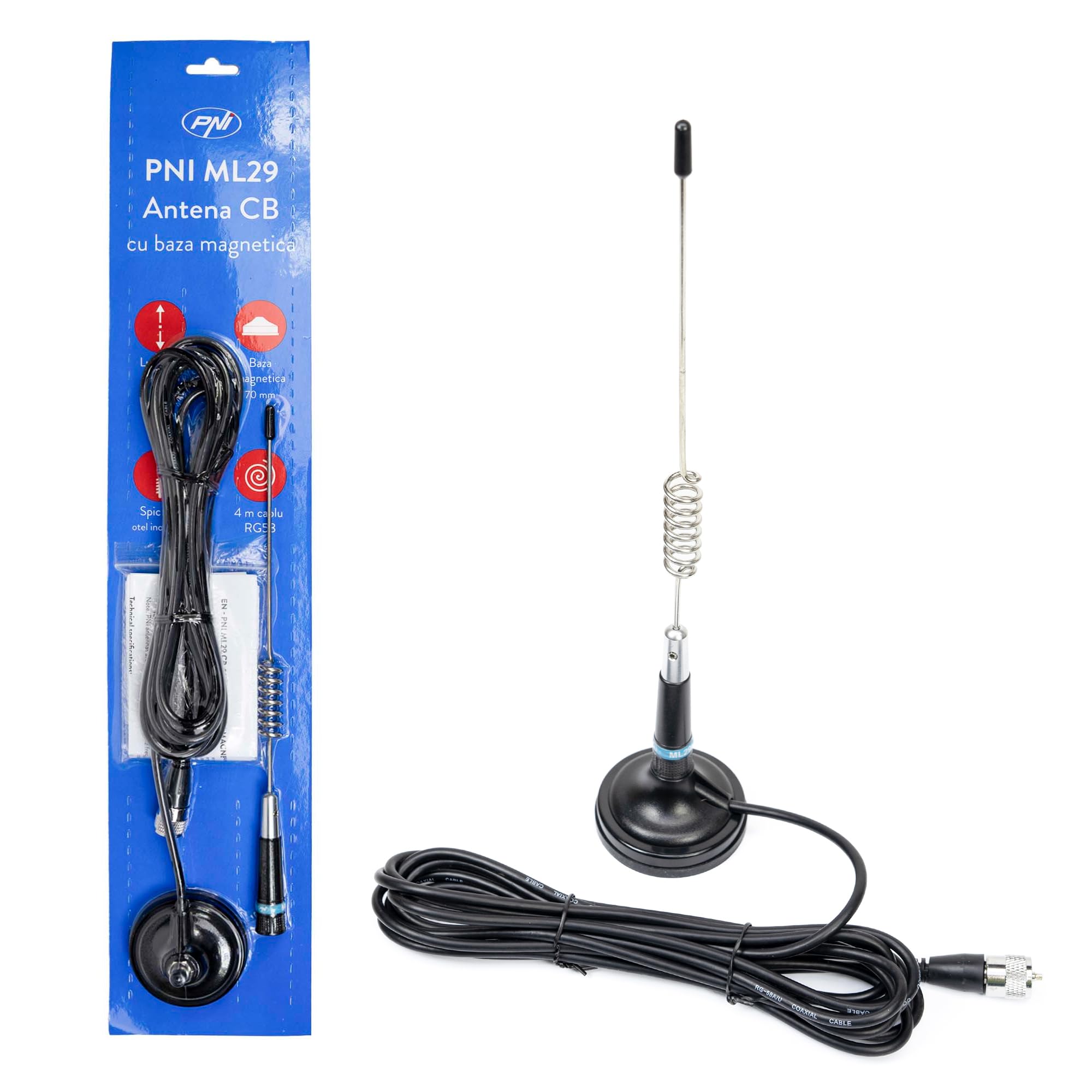 Antenne CB PNI ML29, Longueur 29 cm, avec Aimant Inclus Ø 70 mm et câble RG58