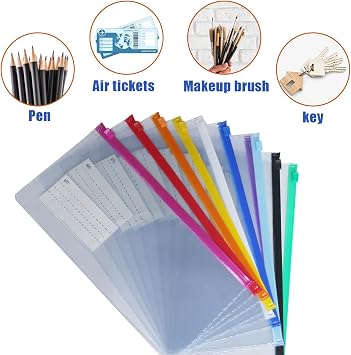 10 Pack Plastic Envelopes Pencil Pouch,Clear Pencil Bags with Zipper，10 Colors with Label Reusable Pencil Pouches for School Supplies and Office Supplies (A-Multicolor)