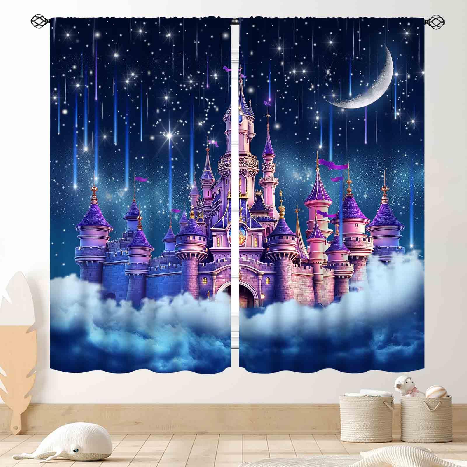 Girls Princess Castle Curtains, Fantasy Magic Night Castle Cloud Fairy Tale Dreaming World Blackout Window Drapery Treatments for Kids Baby Bedroom
