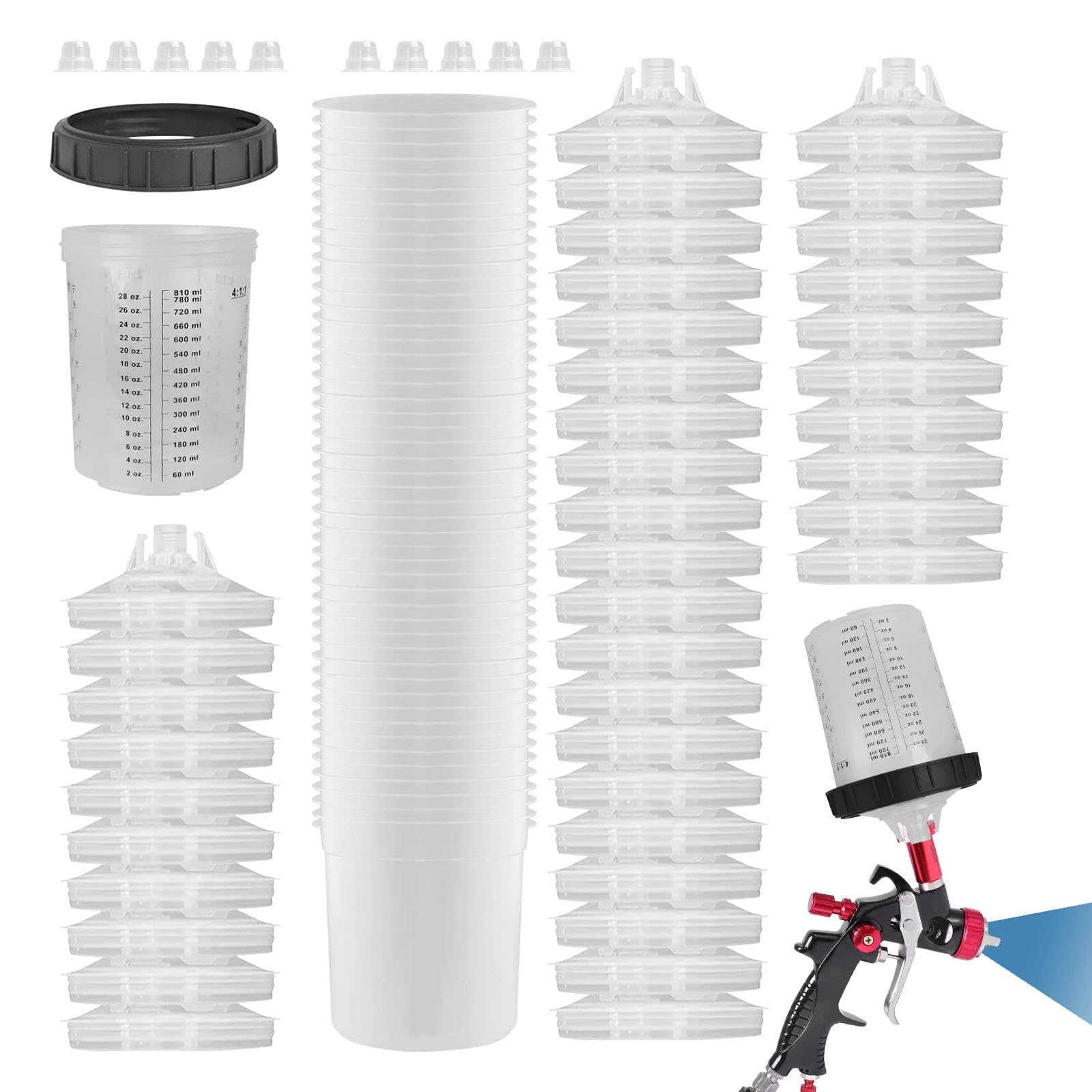 Lot de 50 tasses à mesurer de peinture – Gobelets à mélanger de peinture | Doublures simples avec bouchons, ensemble de pulvérisateur de peinture automobile – Tasses à mesurer portables avec