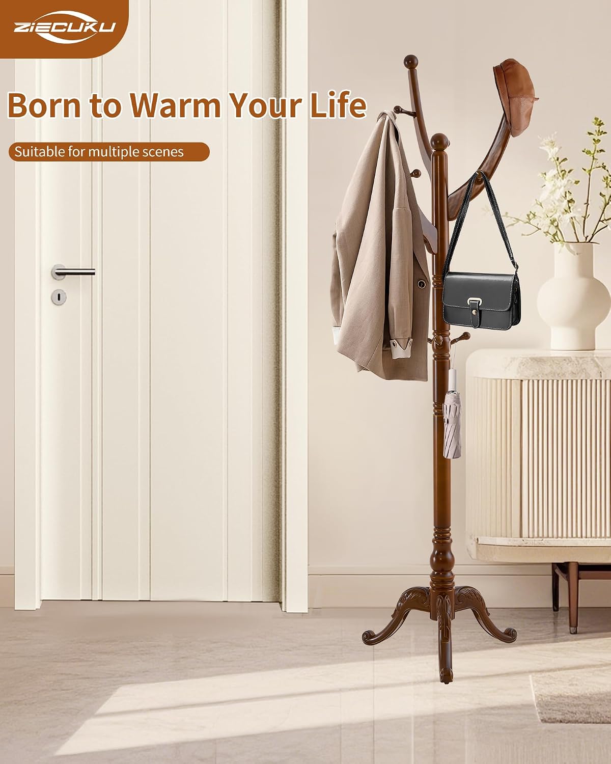 Wooden Coat Rack Freestanding, Solid Wood Coat Rack Stand with 13 Hooks, Mid-Century Modern Heavy Duty Coat Racks,Walnut Brown Standing Coat Jacket Hanger Clothes Tree Stand for Corner, Office
