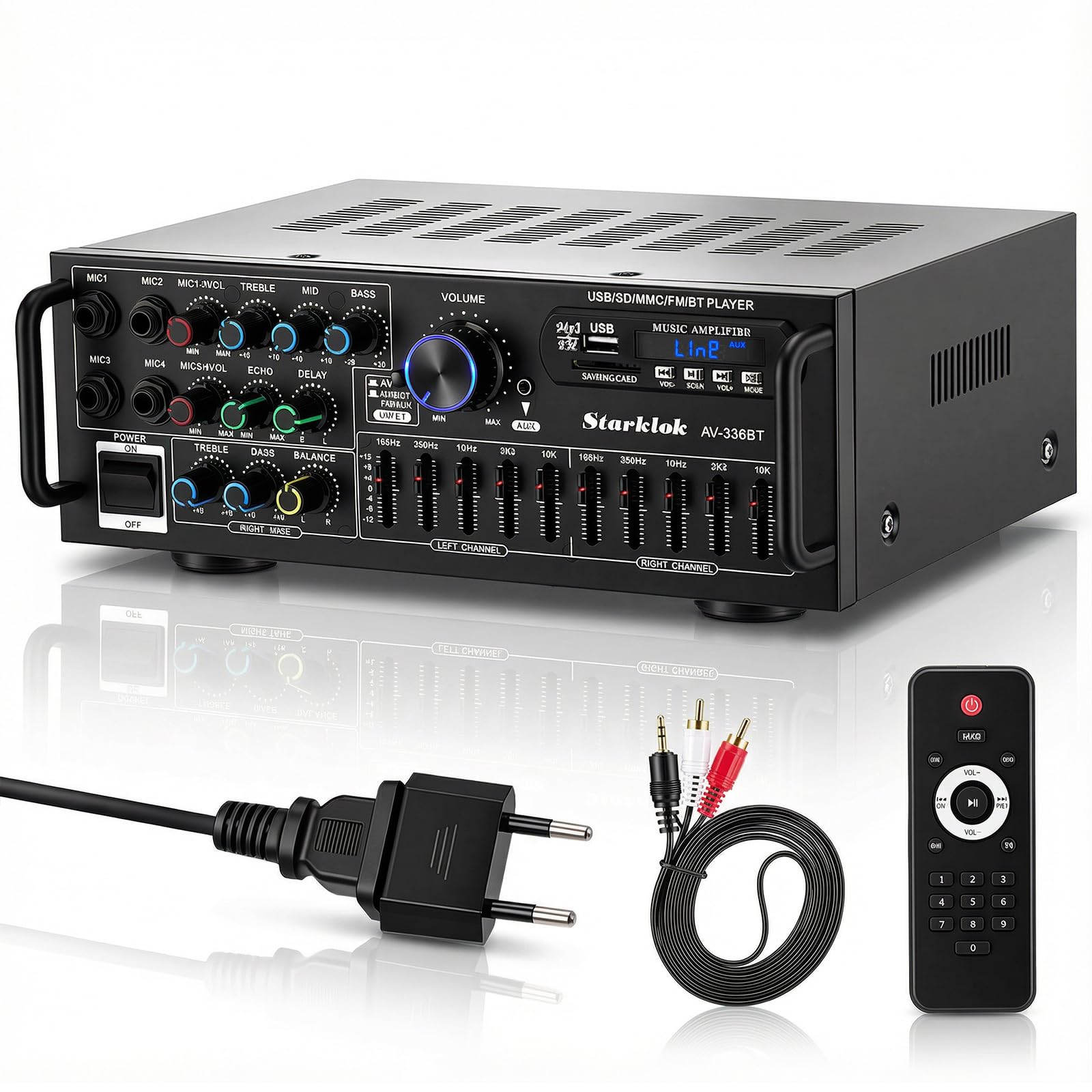 Amplificateur HiFi Stéréo Bluetooth 600W Ampli Bluetooth avec Télécommande | 2 Canaux avec Égaliseur 5 Bandes, Récepteur Audio HiFi, FM USB SD AUX, Amplificateur Audio Karaoké pour Home Studio,AC/DC 12V