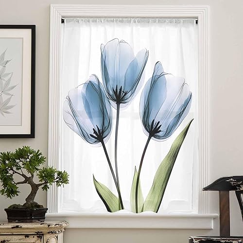 Miniatura 4 de Cortinas traslúcidas florales de tulipán azul, 84 pulgadas de largo, panel de cortina de gasa con estampado de flores botánicas filtrantes de luz,