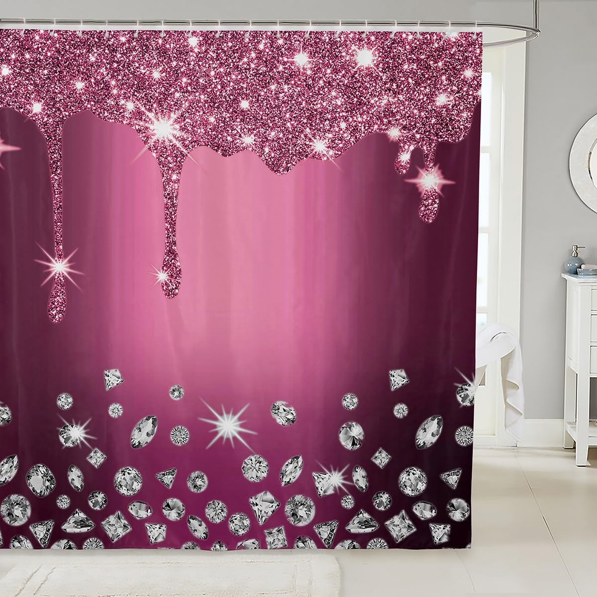 72"x72" Glitter Diamond Bath Pink Silver Shiny for Women Men Waterproof Luxury Texture Colorful Bling Modern Shower Curtain Set Kids Bathroom Accessories