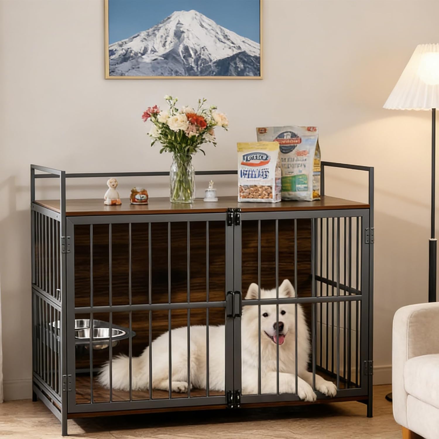 40'' Large Dog Crate Furniture, Heavy Duty Dog Kennel Furniture for Large and Medium Dogs, Indoor Wooden Dog Cage Furniture End Table with Wheels