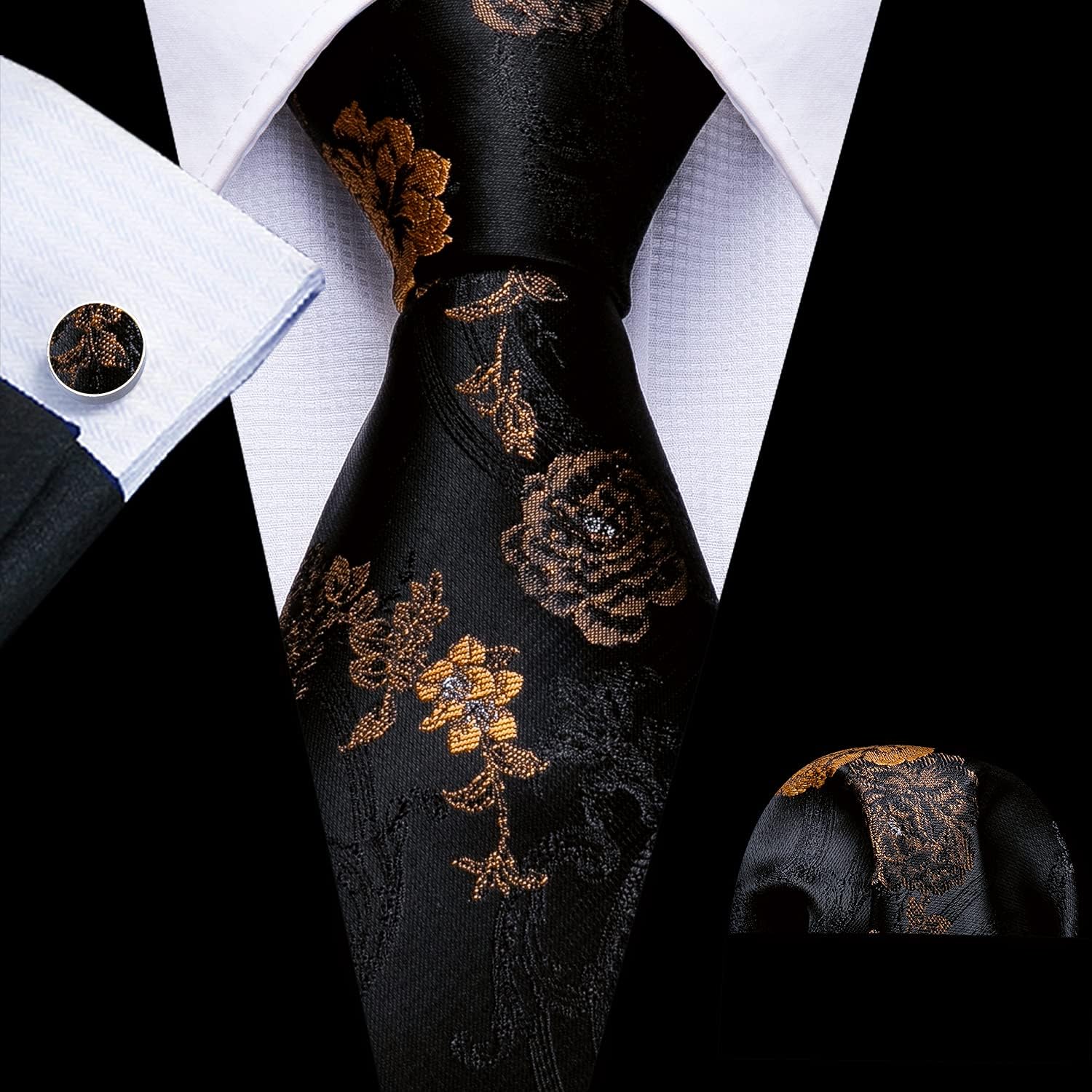 Barry.Wang Flower Ties for Men Handkerchief Cufflinks Set Wedding Necktie Set Party