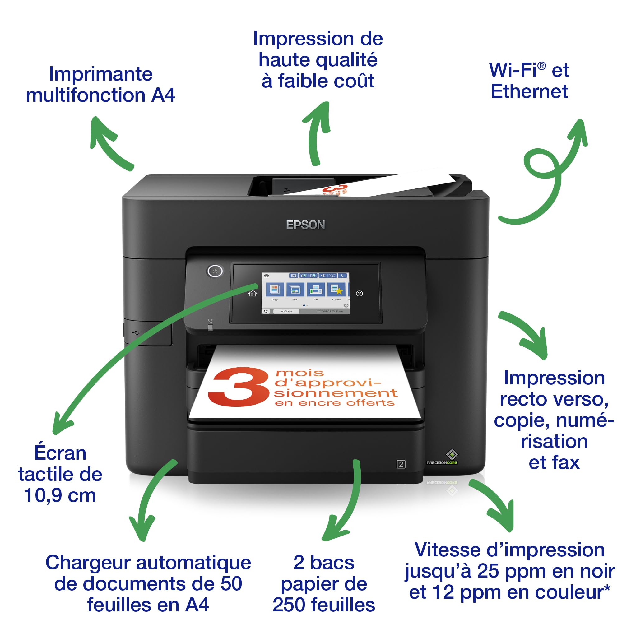 EPSON WorkForce Pro WF-4830 Imprimante 4-en-1 recto-verso WiFi Direct Ethernet ADF Compacte