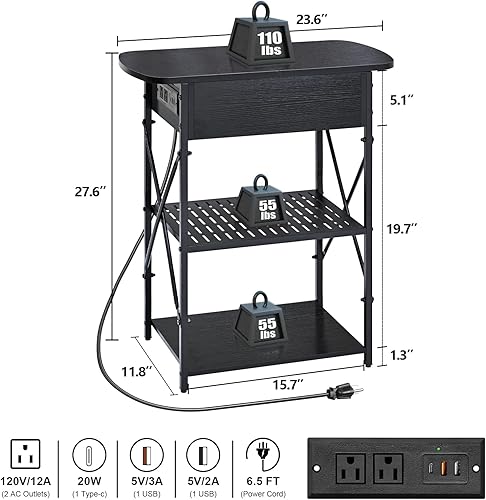 Miniatura 3 de Livofloral Mesa auxiliar estrecha con estación de carga, mesa auxiliar con 3 puertos USB y 2 salidas de CA, mesa auxiliar abatible con