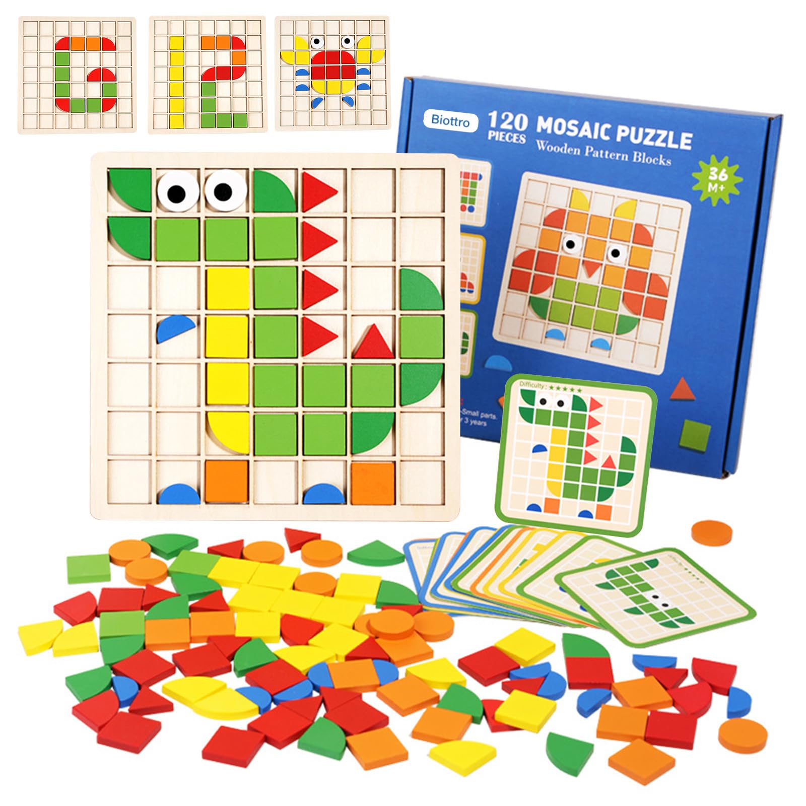 Wooden Mosaic Puzzle 120PCS Shape Pattern Blocks Preschool Learning Activities Educational Toys Shape Matching Game Montessori Toys for Toddlers Kids Boys Girls 3 4 5 Years Old