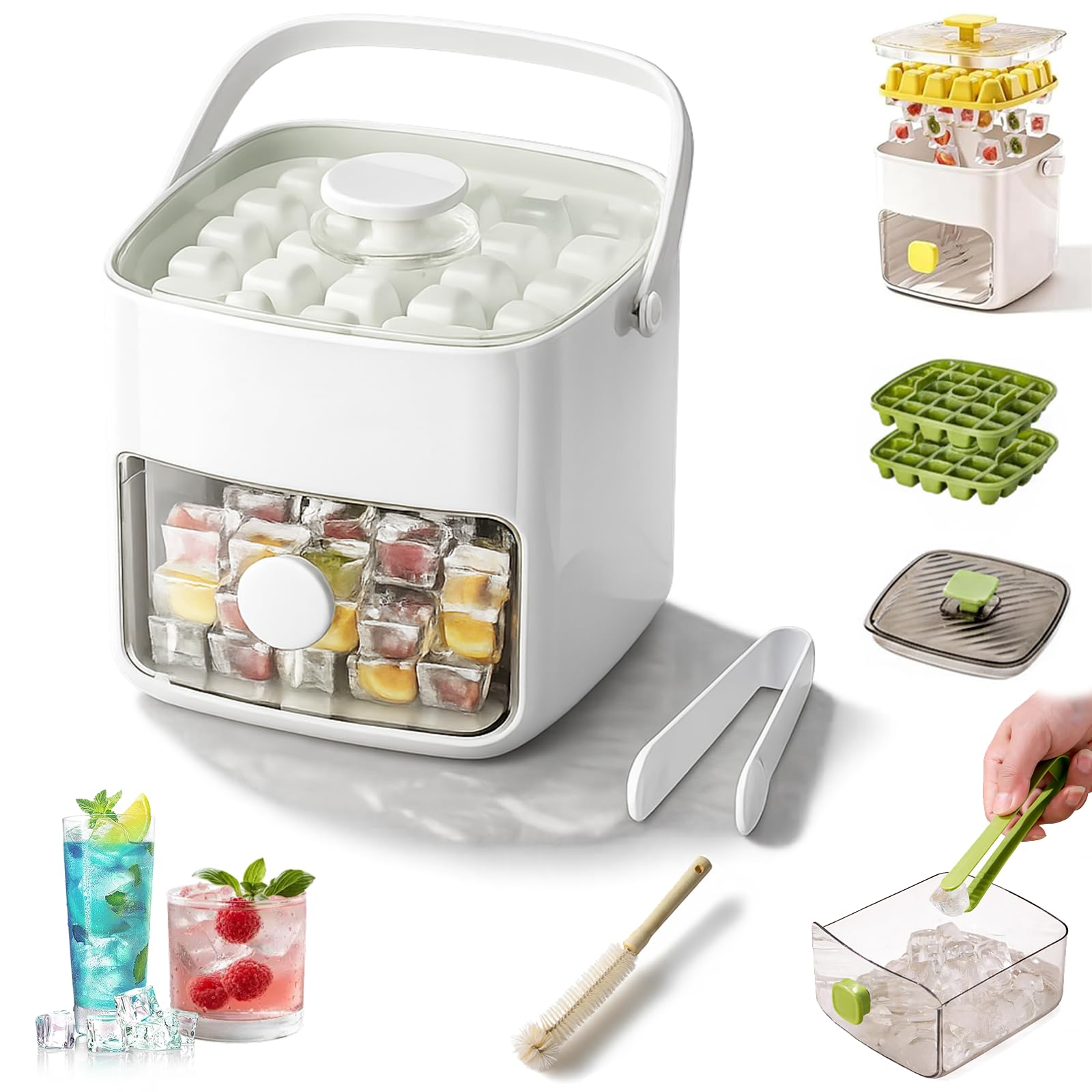 2026 New 2-in-1 Large Capacity Ice Maker & Storage Bin Set, Portable Ice Maker with Lid and Storage Box (48 Cubes), Easy Press Release Ice Cube Tray with Tongs for Cocktails and Drinks (E-PP)