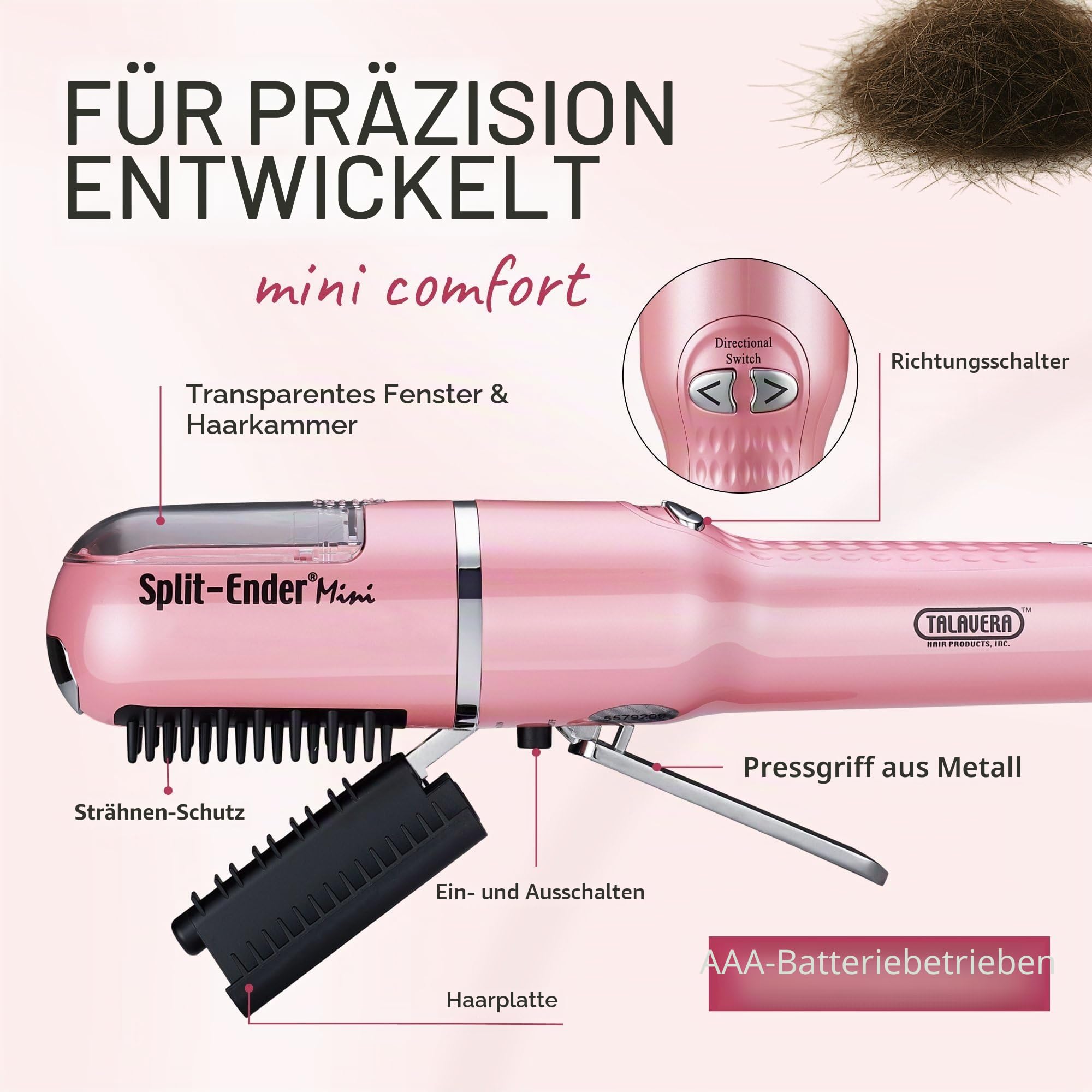 Split Ender Mini - Haarschneider für gespaltene Spitzen | Für trockenes, strapaziertes, brüchiges, glattes, lockiges und krauses Haar | Haarpflege- und Schönheitsstyling-Werkzeuge - Hellrosa