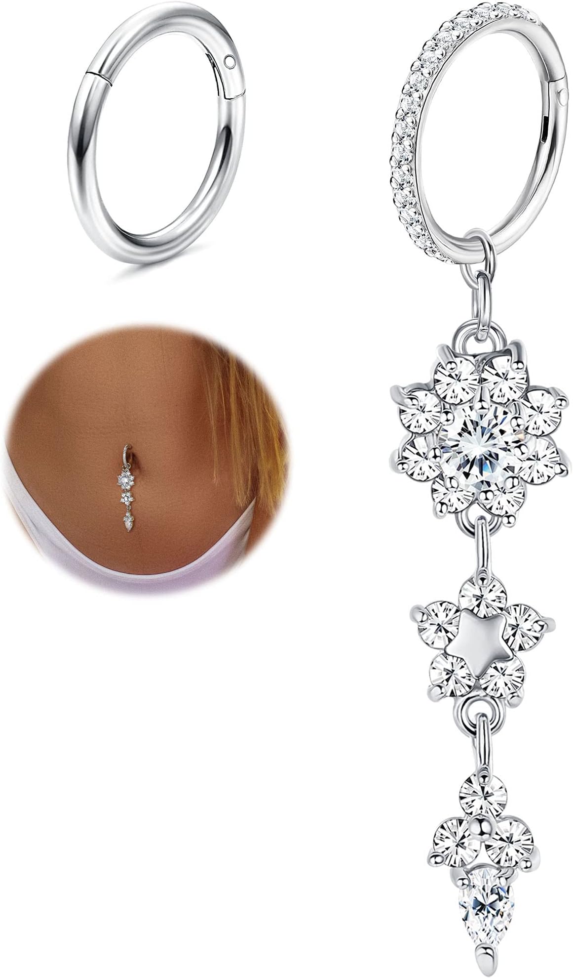 2Pcs Belly Button Rings for Women Surgical Stainless Steel Clicker Belly Rings Hoop CZ Heart Butterfly Dangle Navel Rings Belly Piercing Jewelry Silver Tone 14G