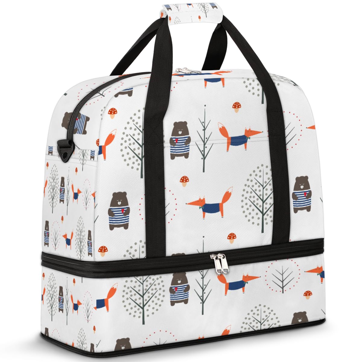 Fox Bear Forest - Borsone da viaggio pieghevole, 47 l, con maniche a trolley, borsa a tracolla separata bagnata per sport, palestra, viaggi, Multi, 47L, Borsone da viaggio
