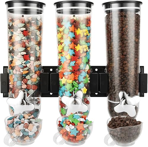 JMIATRY Dispensador triple de cereales para montar en la pared con 3 tazas, dispensador de dulces de pared montado en la pared, grandes