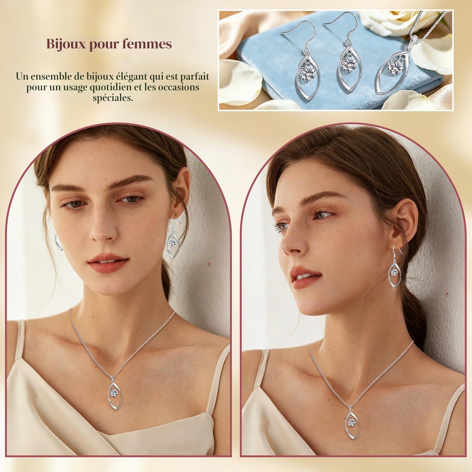 Femme Parure de Bijoux Argent Fin 925 avec Zirocon Cubique 5A Blanc, Ensemble de Boucles d'oreilles + Collier en Forme Tordue pour Femme Fille, Chaîne Pendentif Argent Hypoallergénique