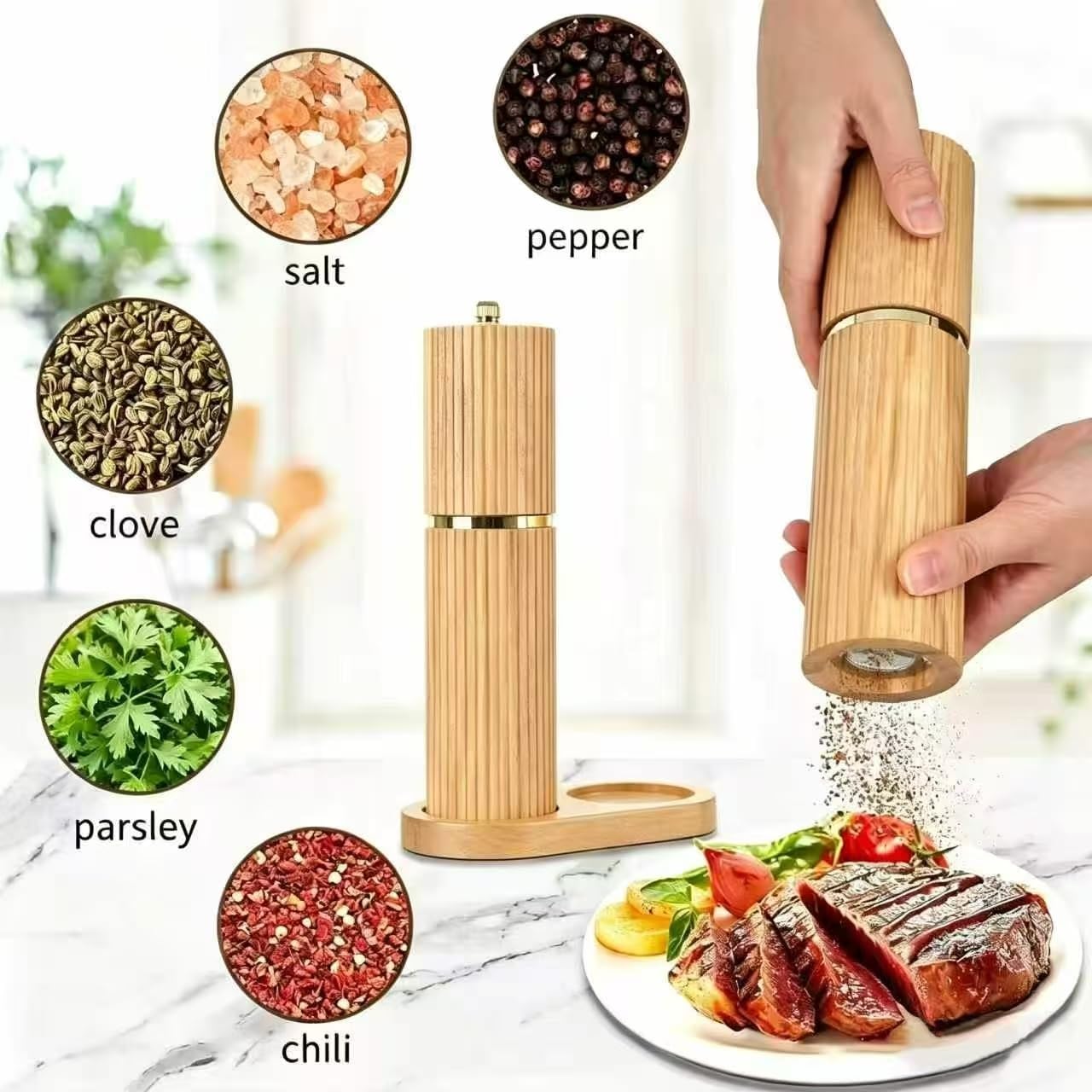 Wood Salt And Pepper Grinder Set, Manual Adjustable Grinders With Matching Wooden Tray, Refillable Salt & Pepper Mill Set, Gift For Kitchen And Dining (A)