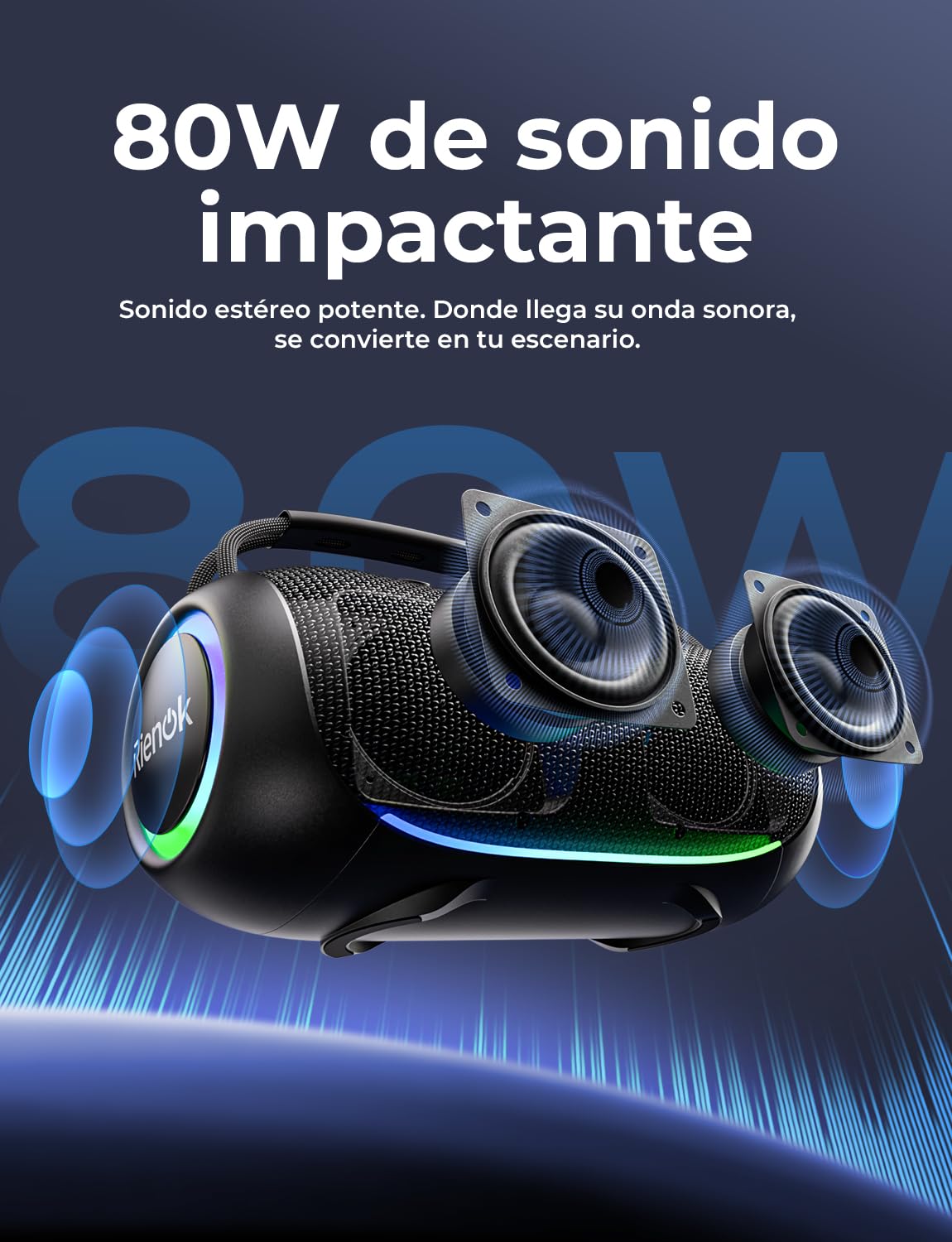 RIENOK Altavoz Bluetooth Potente 80W Portátil 30H Impermeable IPX6 con Luces RGB Bluetooth 5.3 Inalámbrica Emparejamiento Estéreo Apoya 128G Tarjeta TF, AUX, Memoria USB