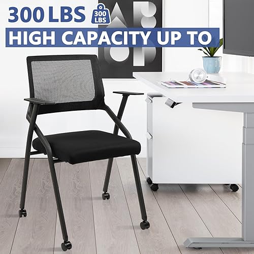 Miniatura 4 de CLATINA Sillas plegables apilables para sala de conferencias con ruedas, silla de escritorio de oficina acolchada portátil con soporte lumbar y