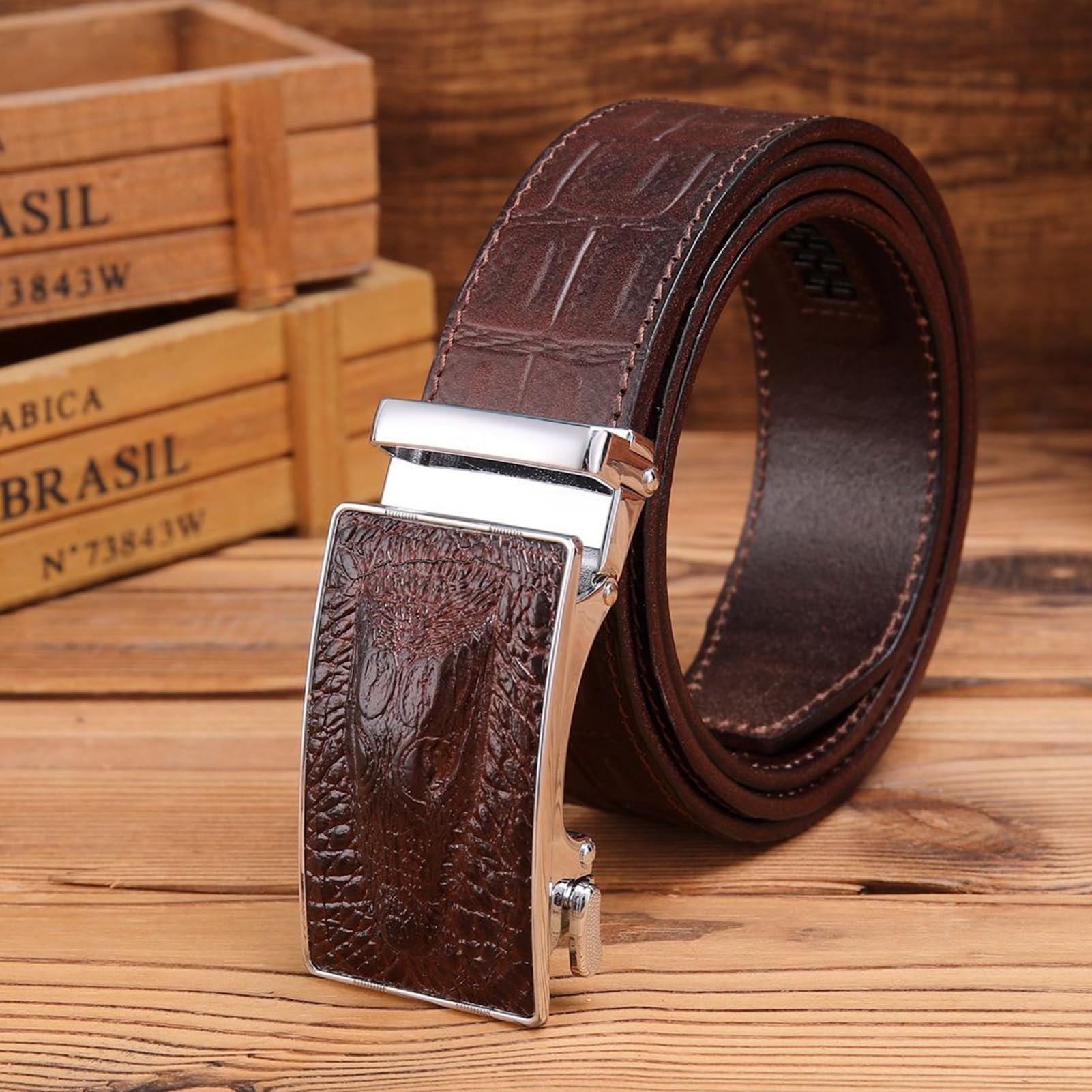 Cinturón de costura de cuero para hombre, hebilla de trinquete automática, correa de cintura deslizante, ajuste para adaptarse con cabeza de cocodrilo grabada