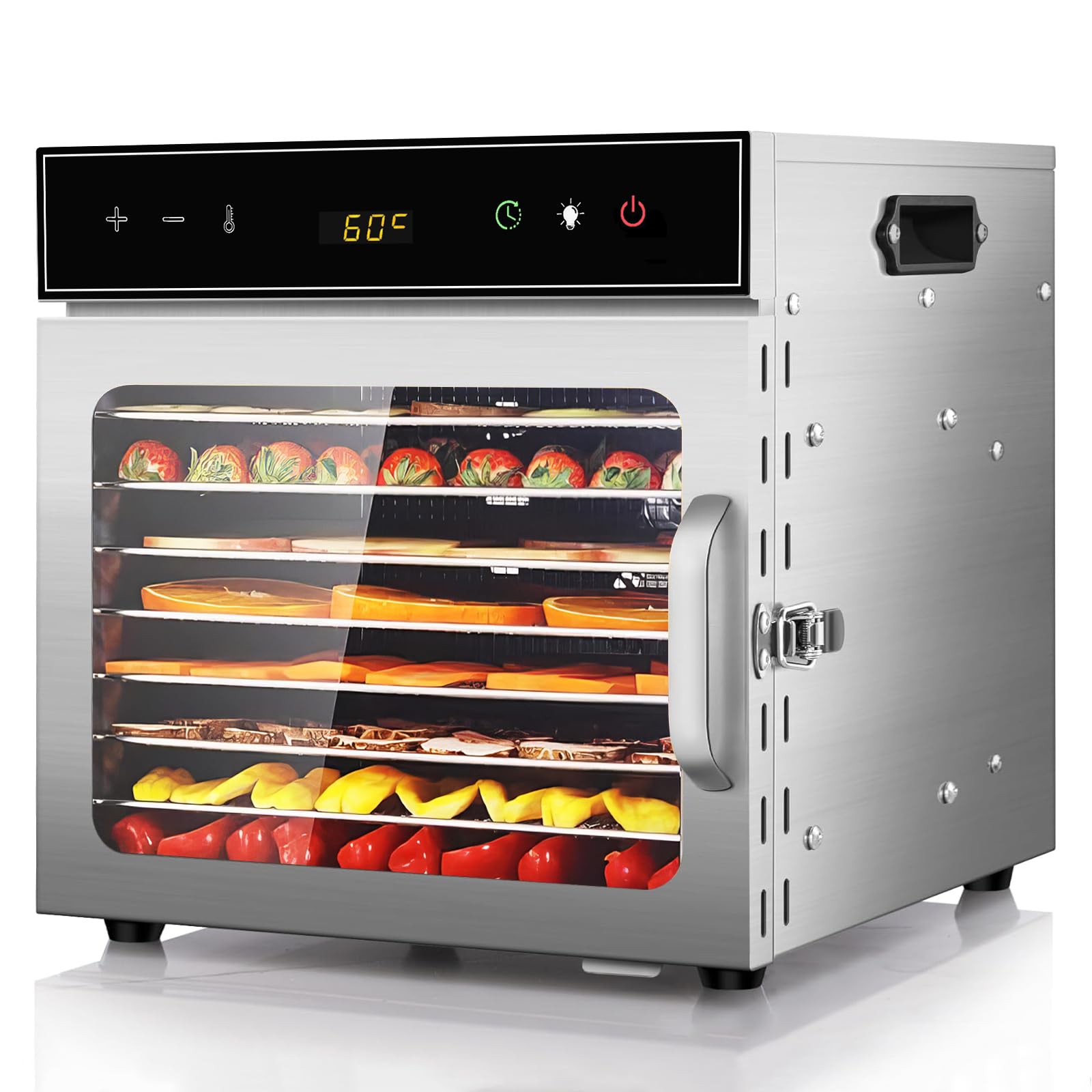 suszarka do owoców ze stali nierdzewnej, z 8 tacami i bezpłatną książką z przepisami, nie zawiera BPA, regulacja temperatury 30-90°C, maks. 24 godziny, suszarka do warzyw i mięsa w Wielkiej