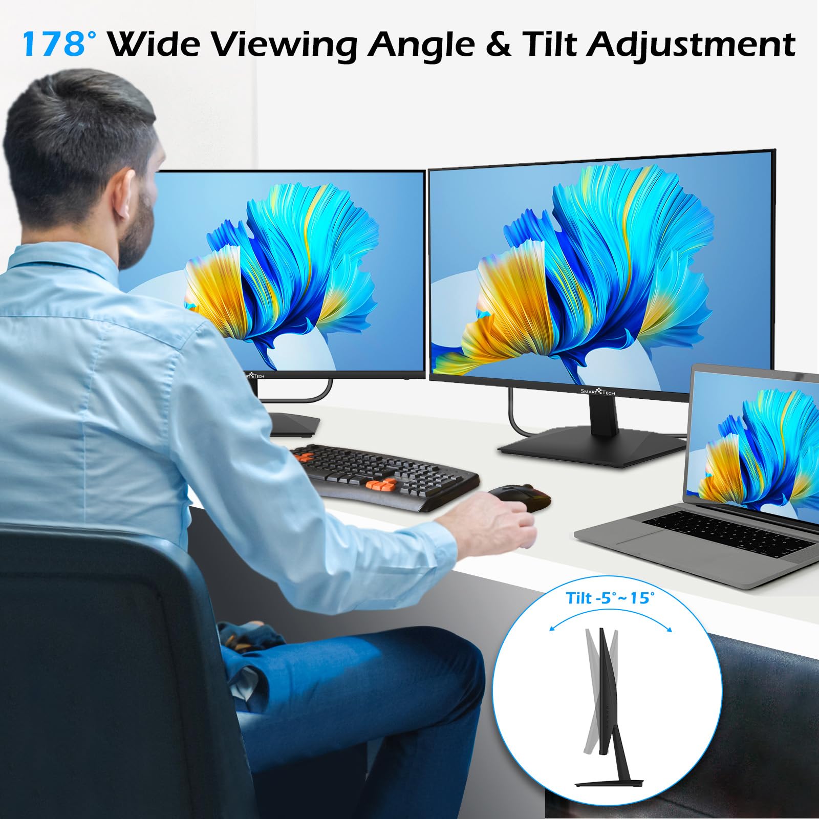 Smart Tech Monitor 24 Zoll, Business PC Bildschirm mit Lautsprecher, IPS Panel, FHD Monitor 1080p, Adaptive-Sync, 4ms, Eye Comfort, VESA 75x75, USB-C HDMI1.4 VGA