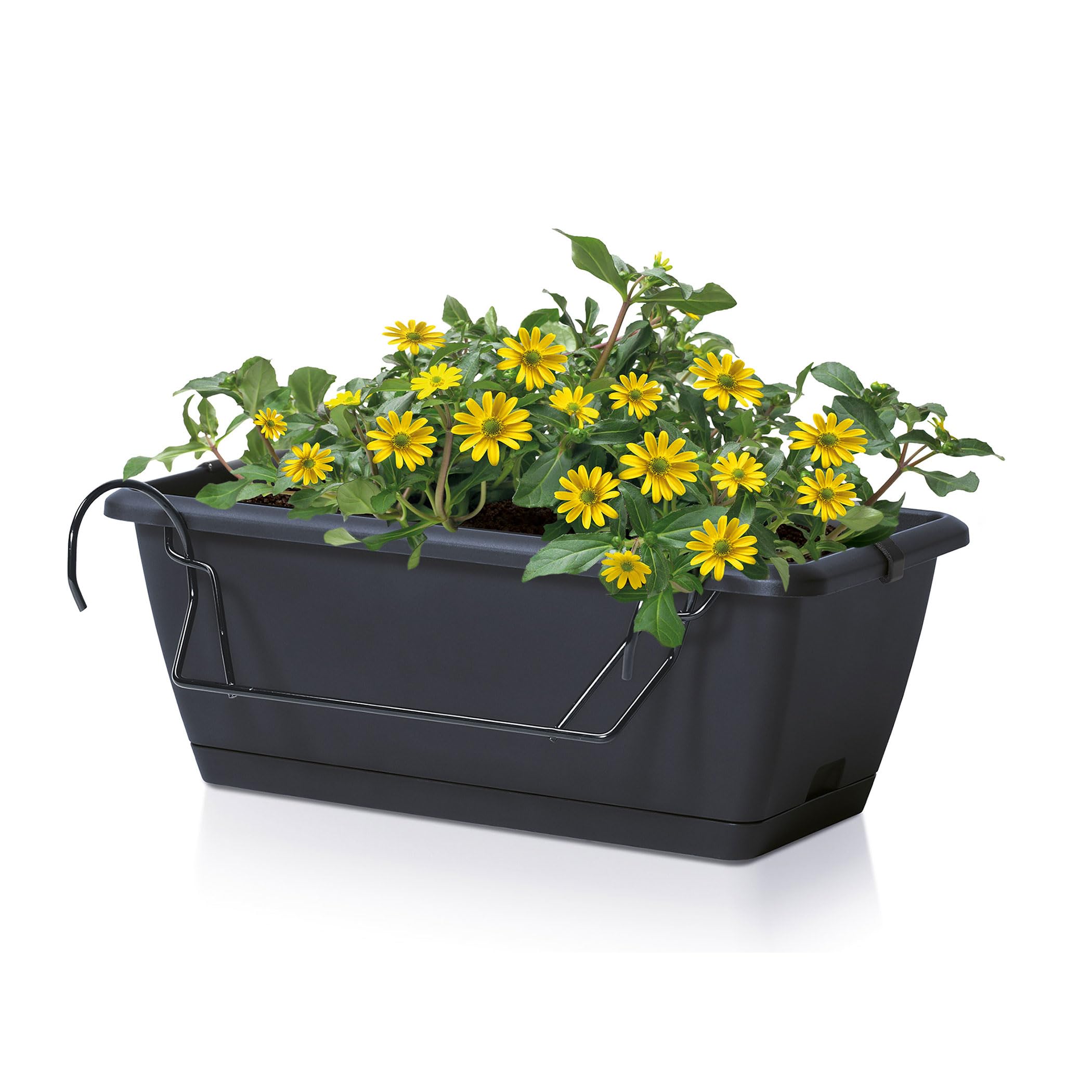 Spetebo Balkon Blumenkasten mit Halterung und Bewässerungssystem - 4 Stück in 40 cm - Kunststoff Geländer Pflanztopf in anthrazit - Blumentopf Pflanzkasten zum Einhängen mit Wasserablauf