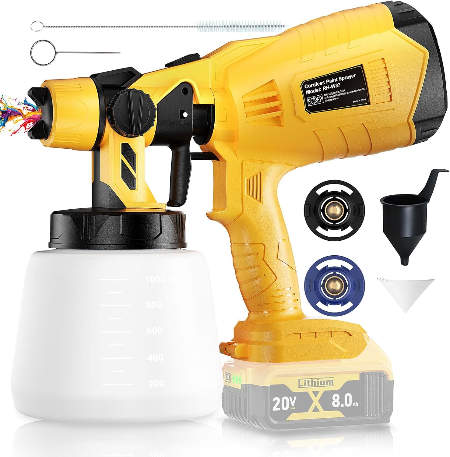Brushless Cordless Paint Sprayer for Dewalt 20V Battery(Battery Not Included) 150 Din/s Viscosity,1000ml/min High Flow,Electric Spray Paint Gun for for House Painting