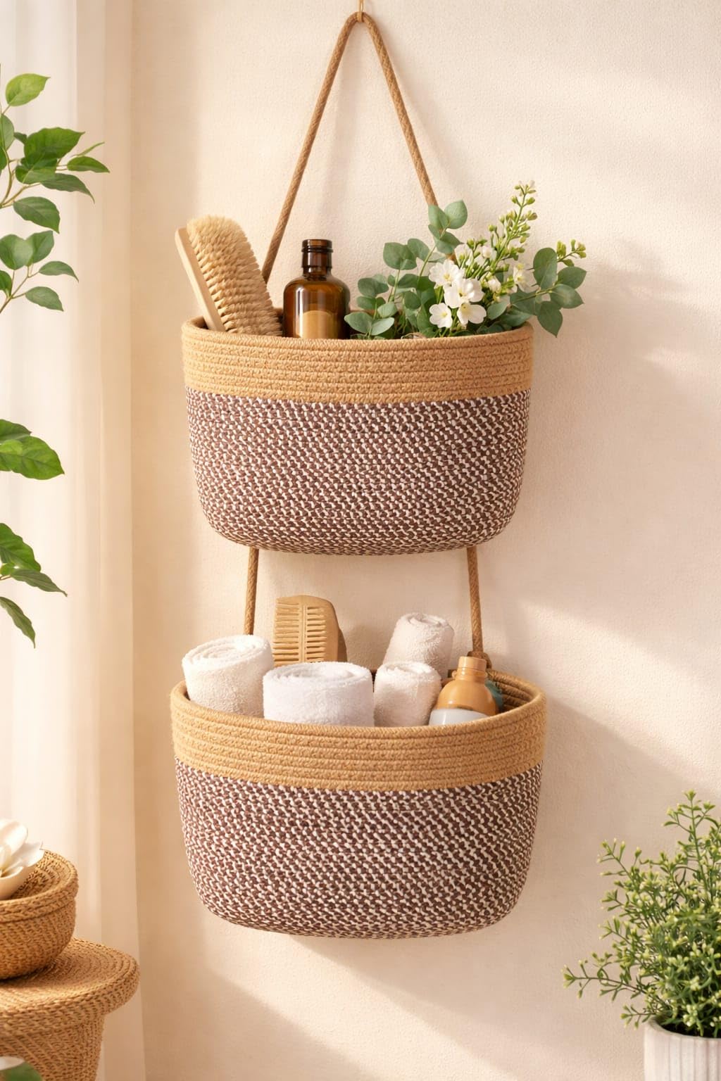 2 Tier Hanging Storage Basket for Wall Decor | Handwoven Cotton Rope Organizer Basket with Strong Rope Hanger | Multipurpose Wall Mounted Storage Basket for Bathroom Kitchen Bedroom Living Room-picture-26