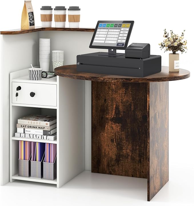 Giantex Reception Desk, Front Counter Desk with Lockable Drawer, Checkout Table with Round Tabletop, Corner Shelf & Adjustable Shelf for Office Beauty Salon Retail Store (Brown & White)