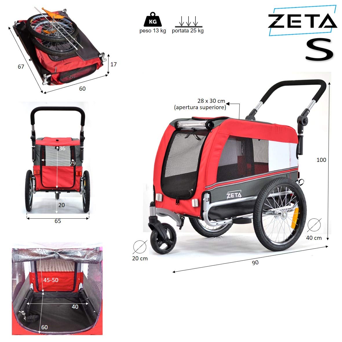 PAPILIOSHOP Zeta - Remolque para el transporte en bicicleta de tu perro, cochecito para mascotas en 3 tallas (S-rojo)